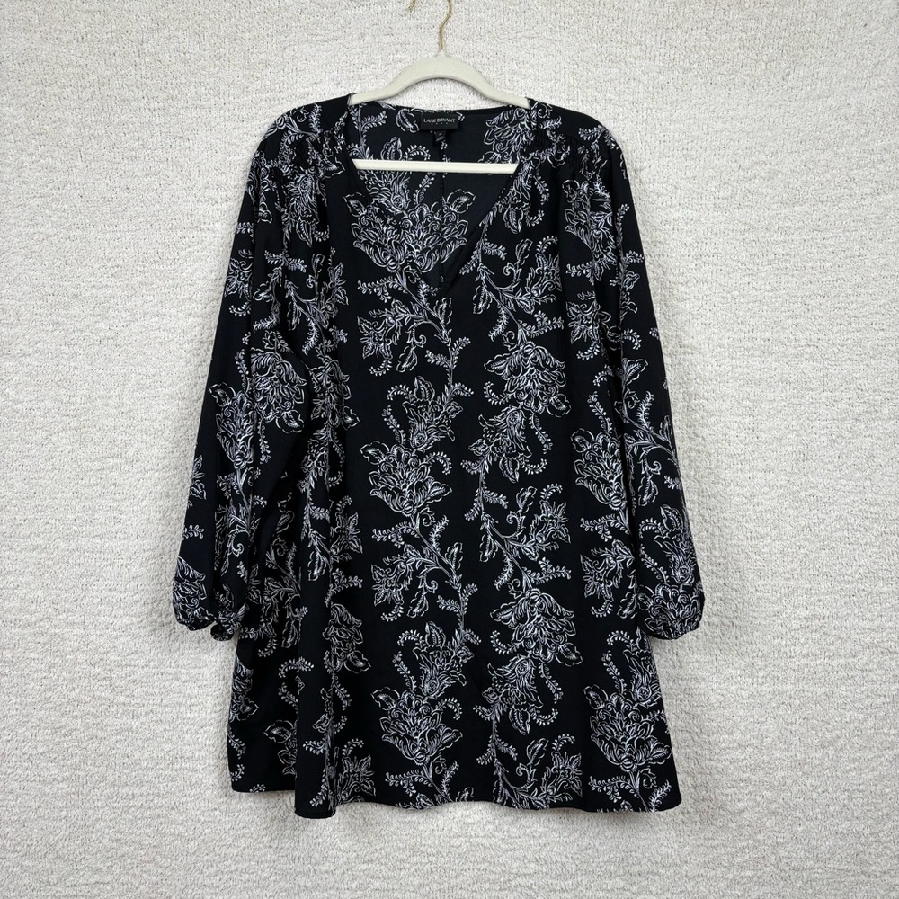Lane Bryant Top Womens Plus 26 Black Floral Print Split Neck 3/4 Sleeve‎ Boho